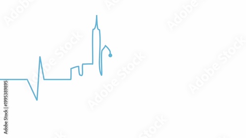 Animated heartbeat line transforming into city skyline on white background.