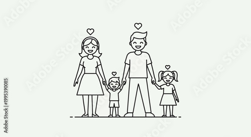 Happy loving family of four walking together outline vector illustration of parents and two children