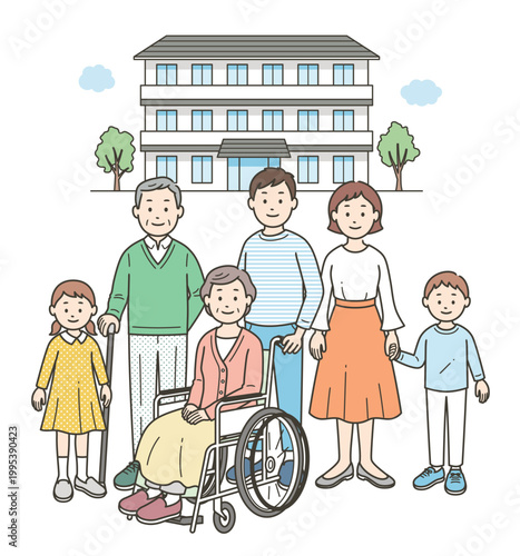 介護施設の前にいる車椅子に座る高齢女性と高齢男性の夫婦と若い夫婦と子供達
