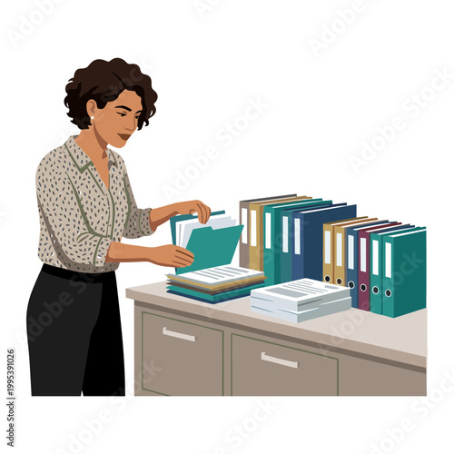 Woman organizing office files on a desk with colorful binders