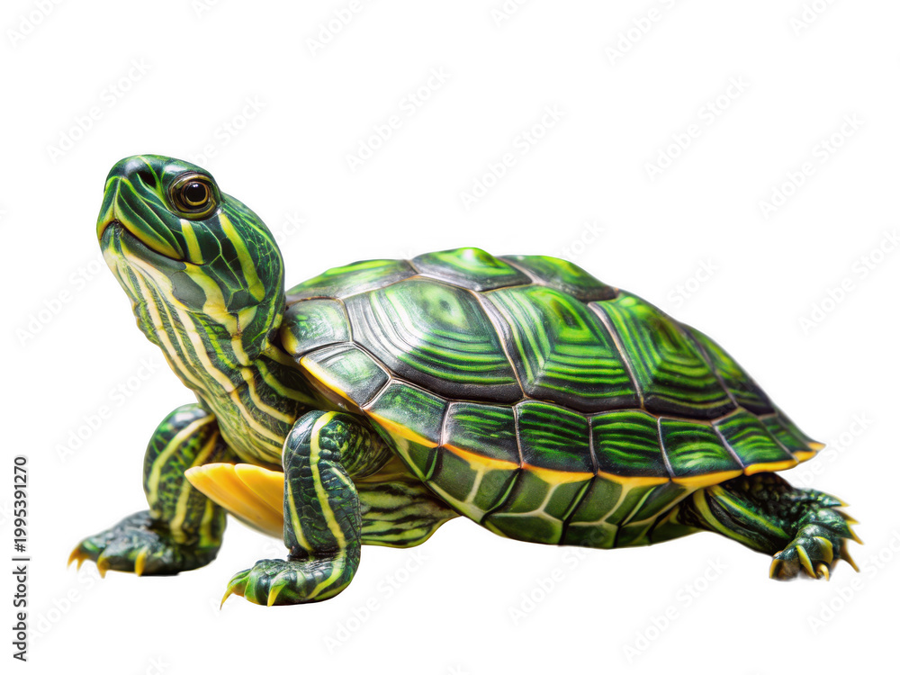 Obraz premium A vibrant green turtle with yellow stripes on transparent background