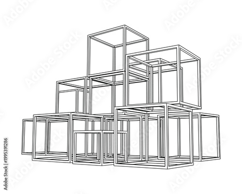 Abstract sculpture made of stacked wireframe cubes, geometric composition, modern art installation.