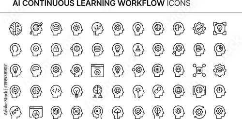 AI continuous learning workflow icon collection in minimal outline style for neural thinking, cognitive processes, and software interface design