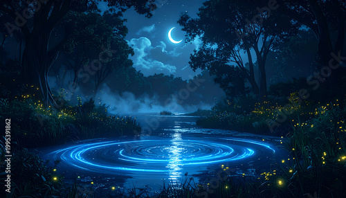 Enchanting Moonlit Forest Lake with Bioluminescent Ripples.