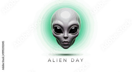 A stylized vector illustration features a gray alien head with large, dark eyes against a vibrant green, glowing background, promoting the annual Alien Day with a futuristic