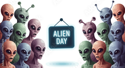 Colorful sci-fi vector illustration showing a group of extraterrestrial characters with big eyes and antennae surrounding a sign that says "Alien Day", set against a clean white background