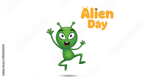 A sci-fi alien character joyfully celebrates Alien Day with raised arms, depicted in a fun vector illustration against a clean white background, creating a playful and futuristic