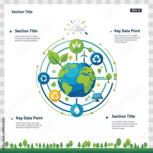 Illustration of Earth surrounded by symbols of sustainability, renewable energy, and environmental protection, with text placeholders for section titles and key data points.