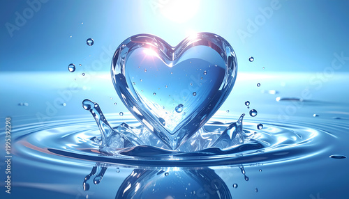 Crystal Heart Shape Emerging from Rippling Water with Light Rays.