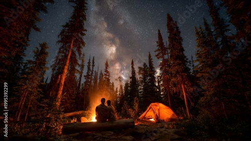 Young couple sitting by campfire at night in forest with starry sky and glowing tent background