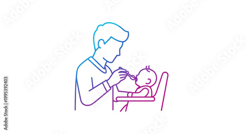 Vibrant line art illustration depicting a caring parent feeding their baby in a high chair with a