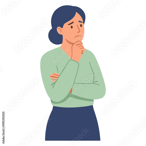 A woman with dark hair and a green shirt looks puzzled indoors.