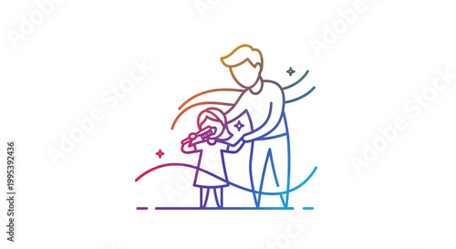 Colorful gradient line art illustration depicting a parent teaching a child good dental hygiene