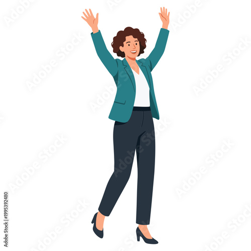 Woman in teal jacket celebrates with raised hands in office.