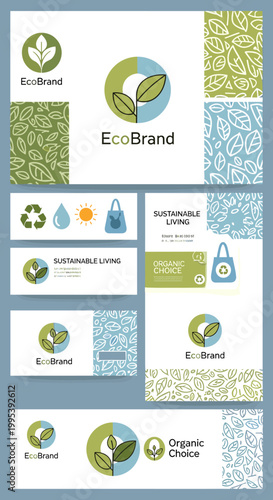 EcoBrand branding materials showcasing sustainable living and organic choices with nature-inspired graphics.