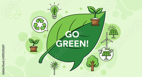 A vibrant illustration promoting environmental consciousness with a large green leaf at its center, featuring symbols of sustainability like plants, recycling, solar panels, and wind turbines.