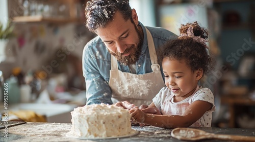 Father and daughter baking a cake together
