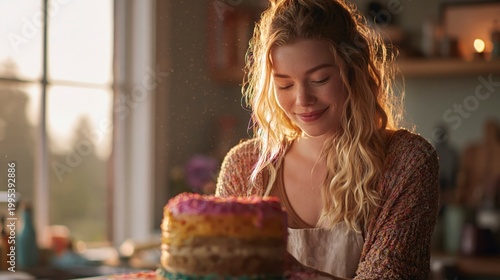 Woman decorating a colorful cake