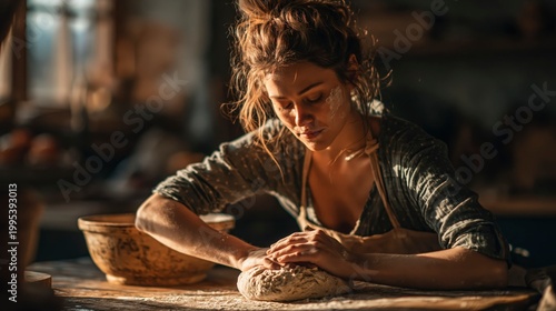 Woman kneading dough in a rustic kitchen