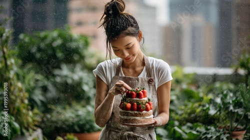 Woman decorating a strawberry cake outdoors