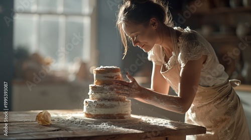 Baker decorating a three-tier cake