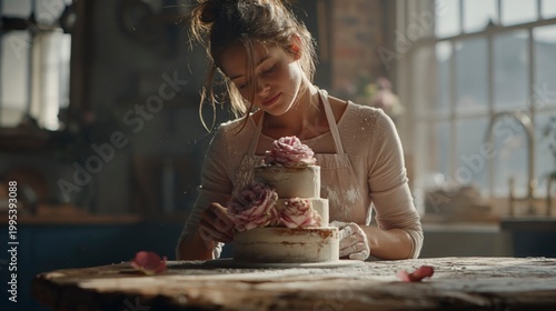 Baker decorating a three-tier cake with roses
