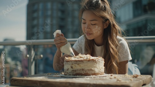 Woman decorating a cake with frosting