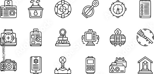 Black and White Line Art Icons of Vintage Technology and Navigation Tools