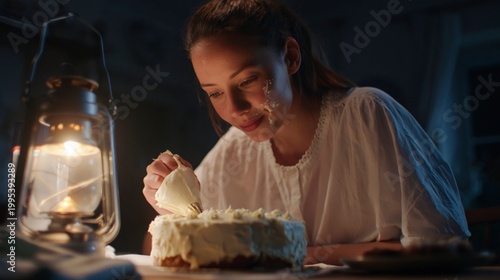 Woman decorating cake by lantern light