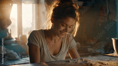 Woman smiling while working with dough
