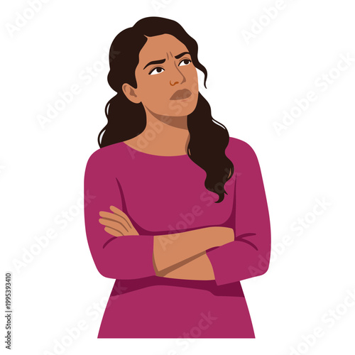 A woman with long dark hair and a pink shirt crosses her arms while looking sideways with a displeased expression.