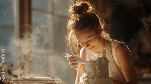 Woman decorating a cake with frosting