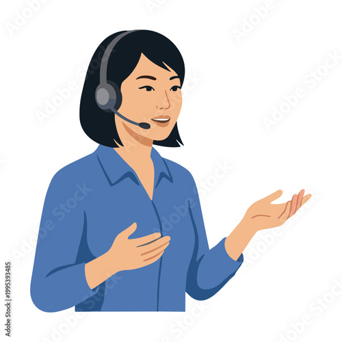 A woman wearing a headset is talking and gesturing with her hand.
