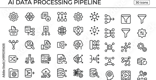 AI data processing pipeline icon set in minimal outline style for machine learning workflows, analytics systems, and software interface design