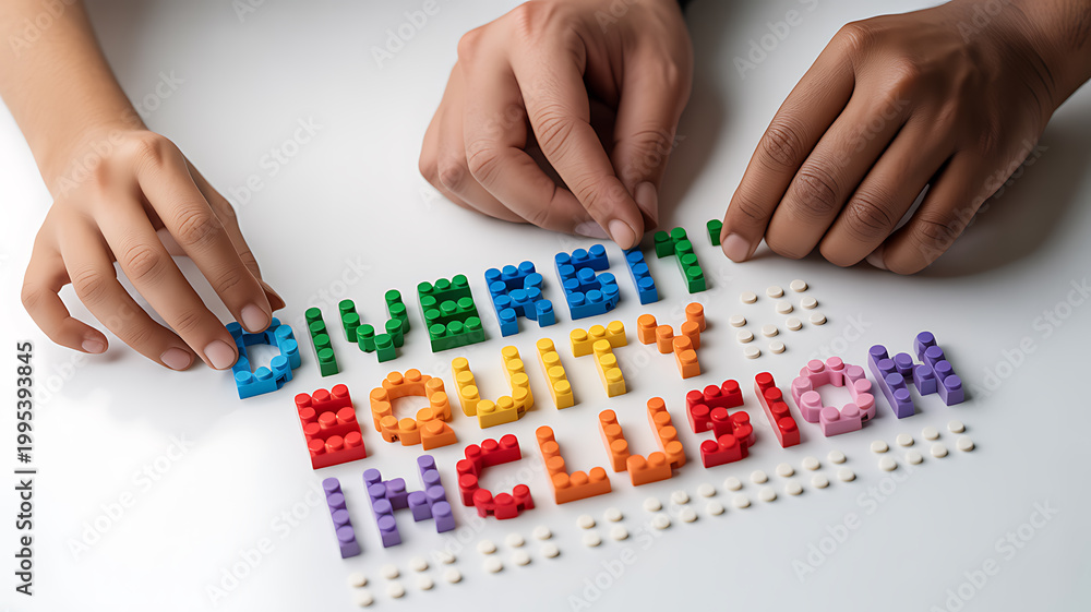 Fototapeta premium Hands arranging colorful blocks spelling diversity equity inclusion perfect for social media campaigns and vlogs