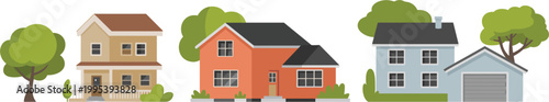Suburban houses with trees and garages in clean flat vector style residential illustration