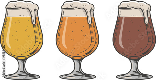 Set of beer glasses with different ale colors and foam in detailed vintage illustration style
