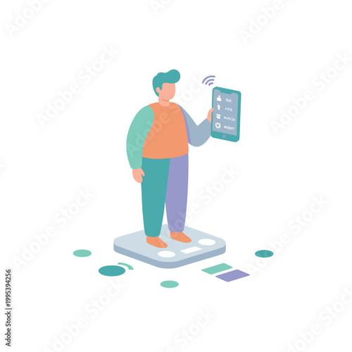 Person standing on a digital scale with a mobile device.