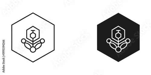 Contrasting icons featuring a benzene ring structure with three attached atoms in light and dark backgrounds