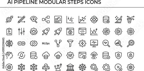 AI pipeline modular steps icon collection in minimal outline style for machine learning workflows, automation processes, and software interface design