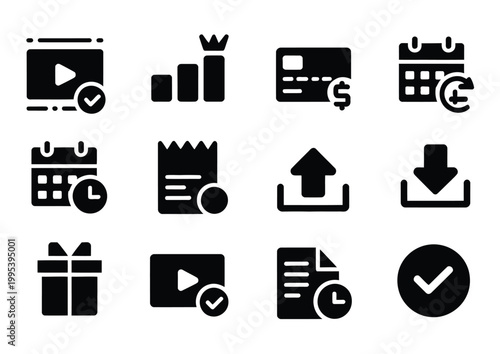 Video streaming platform subscription solid vector icons, billing plans pricing tiers and payment method symbols for digital service UI design