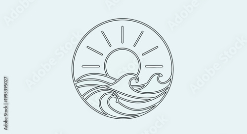Minimalist Sun and Ocean Waves Circle Logo Icon Outline