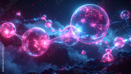 Abstract glowing spheres connected by light in cosmic nebula.