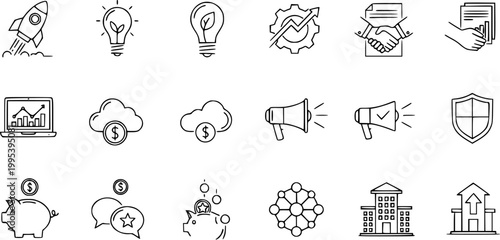 Business Line Icons: Startup Rocket, Idea Lightbulbs, Graph, Handshake, Cloud Money, Megaphone, Shield, Piggy Bank, Network, Building