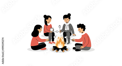 Group of friends roasting marshmallows around a campfire illustration