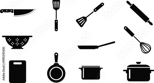 collection of kitchen utensils and cookware flat design vector illustration