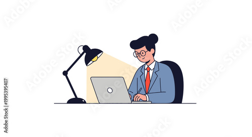 Professional woman working on a laptop at a desk with a lamp