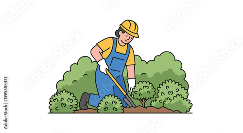 Female landscaper planting bushes in garden vector illustration