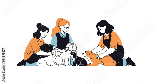 Women petting and caring for puppies in animal shelter vector