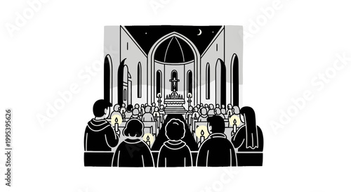 Candlelight mass service in a church cathedral vector illustration